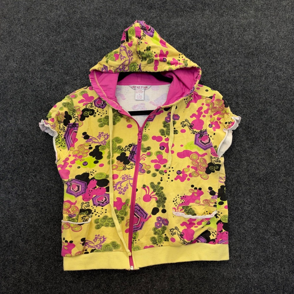 Vintage In The Pink Yellow Floral Abstract Short Sleeve Zip Up Hoodie Large